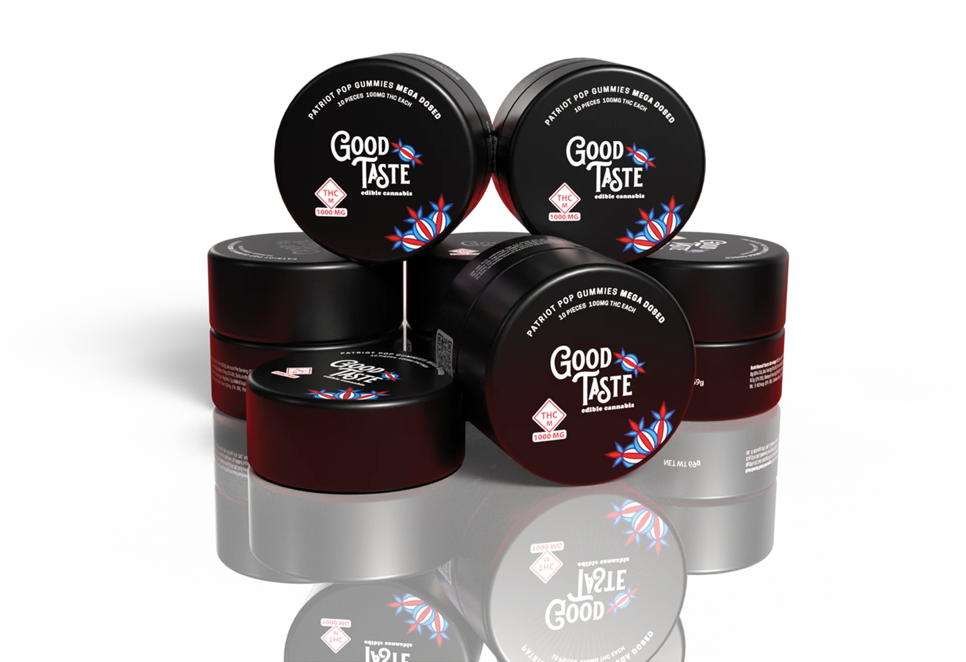 Stack of Good Taste Patriot Pop gummy tins, 1000mg